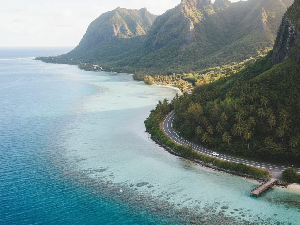 Car on coastal road in Mauritius
